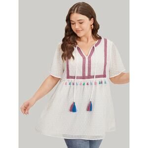 1X 14 16 Plus Size White BloomChic Boho Tassel Embroidered V Neck Blouse Top